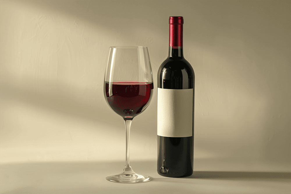 A glass of red wine next to a bottle with a blank label.