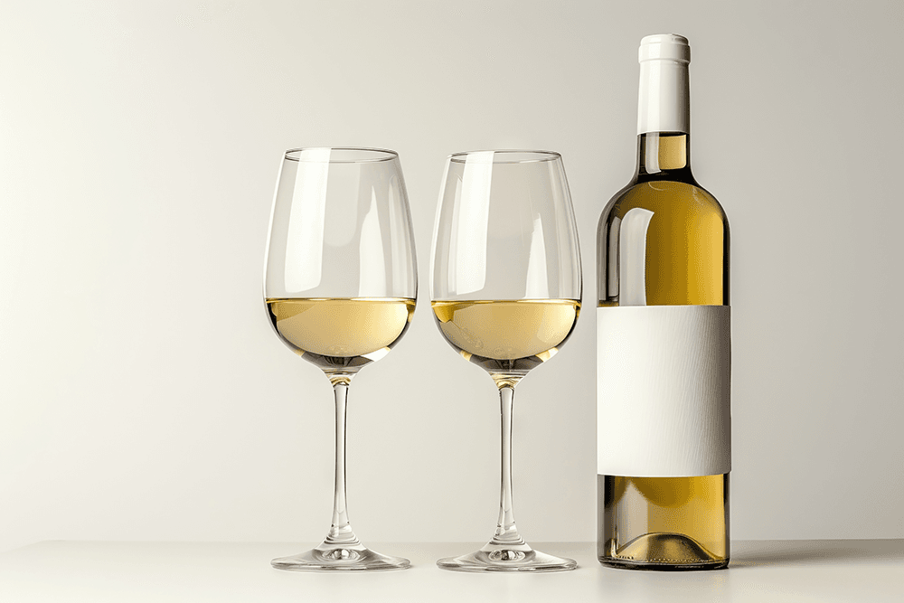A bottle of white wine next to two filled wine glasses on a light surface.