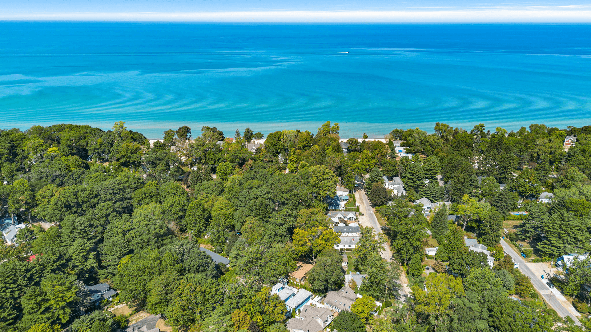 Aerial view of a wooded area with houses near a calm blue lake.