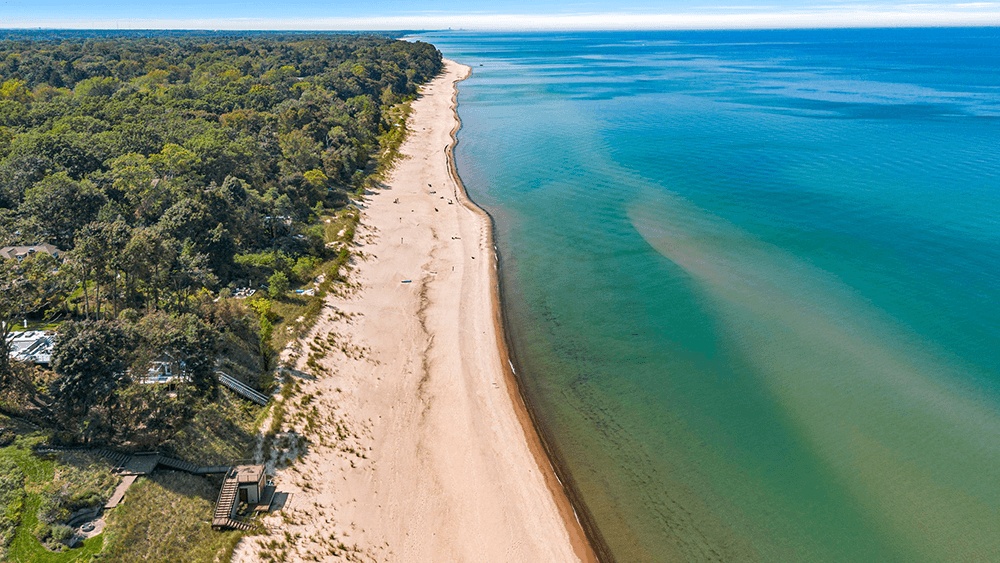 A scenic aerial view of a sandy beach lined with trees beside calm blue waters.